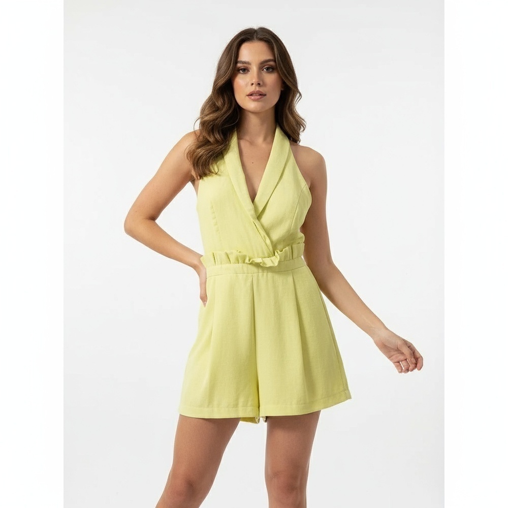 Idem Ditto Women’s Yellow Halter Romper Open Back Pleated Size Small Casual